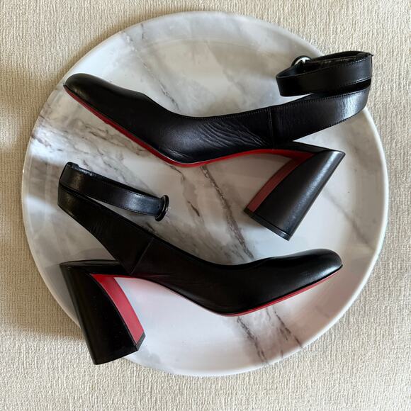 Christian Louboutin Shoes - Christian Louboutin Miss Sab 85 Black Leather Pumps Block Heels Ankle Strap